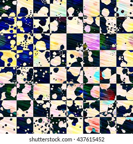 Grunge checkerboard pattern. Black, white, colored spots. Contrast, overlapping, transparency. Easy editing. Light & dark. Seamless abstract background is divided into cells. Tone and color inversion