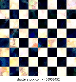 Grunge checkerboard pattern. Stains and smudges. Like marble chess board.  Seamless abstract background is divided into cells. Spots and blots randomly mixed. Dark and light. Easy editable