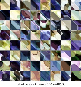 Grunge checkerboard pattern. Stains and smudges. Continuity abstract background is divided into cells. Spots and blots randomly mixed. Dark and light. Easy editable