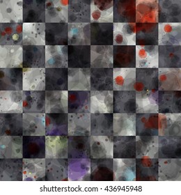 Grunge checkerboard pattern with watercolor effect. Seamless abstract background is divided into cells. Spots and blots randomly mixed. Gray, violet, white, black. Red stains like blood. Easy editable