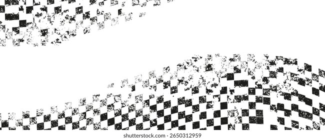 Grunge checkered flag background. Black abstract racing texture with dirty squares for motorsport or speed-related designs. Vector banner.