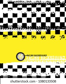 Grunge checkered racing background with tire imprints elements. Vector illustration and yellow, black and white colors. Automotive rallying concept in modern style.