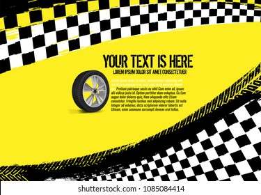 Grunge checkered racing background with tire imprints elements. Landscape vector illustration in yellow, black and white colors. Automotive rallying concept in modern style.