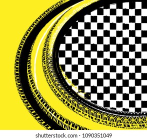 Grunge checkered racing background with tire imprints elements. Vector illustration and yellow, black and white colors. Automotive rallying concept in modern style.