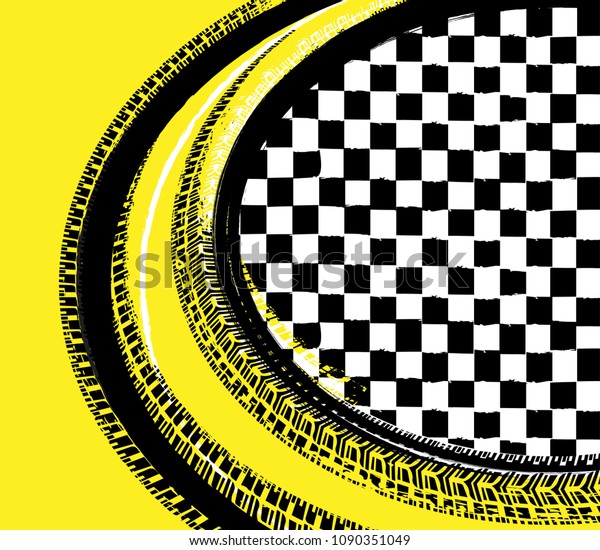Grunge checkered racing\
background with tire imprints elements. Vector illustration and\
yellow, black and white colors. Automotive rallying concept in\
modern style.