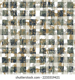 Grunge checkered seamless pattern. Abstract decorative tartan in black, grey, green and yellow colors.