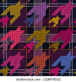 Grunge checkered textile print with hounds tooth motifs. Colorful seamless pattern with different geometric elemets.