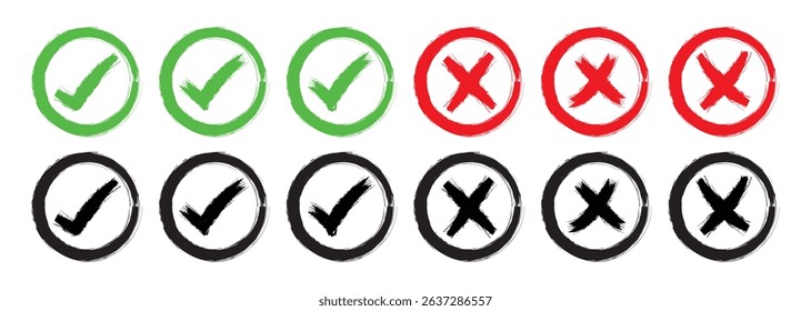 Grunge checkmark with circle. Collection of Doodles of Green Ticks, Red Crosses and Circles Chalk, Charcoal Pencil. Hand drawn checklist, flag, square signs in sketch style.