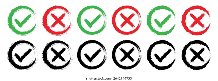 Grunge checkmark with circle. Collection of Doodles of Green Ticks, Red Crosses and Circles Chalk, Charcoal Pencil. Tick icon set in green and red color, vector illustration.