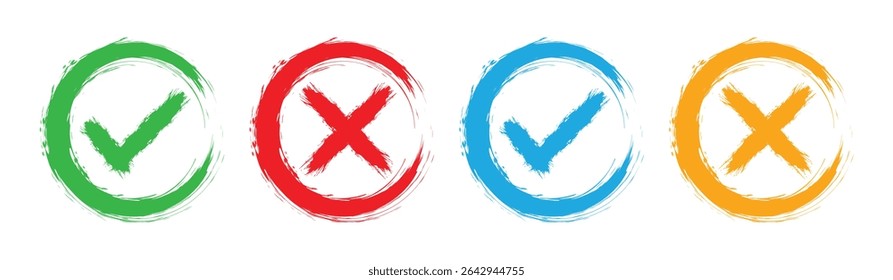 Grunge checkmark with circle. Collection of Doodles of Green Ticks, Red Crosses and Circles Chalk, Charcoal Pencil. Tick icon set in green and red color, vector illustration.
