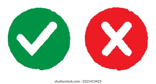 Ícone do círculo da marca de verificação do Grunge e símbolo da marca de cruz do círculo do grunge