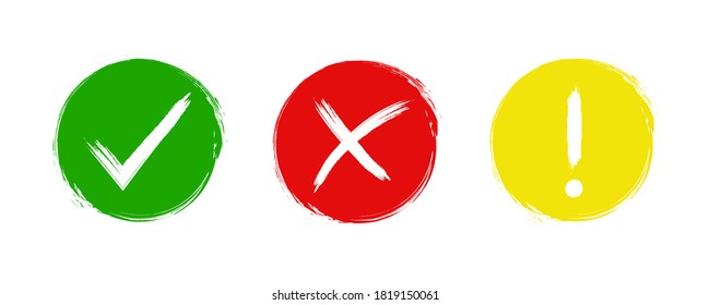 Grunge checkmark cross and exclamation circle sign.  Set of green tick ,red cross and yellow exclamation . Vector icon on white background. 10 eps