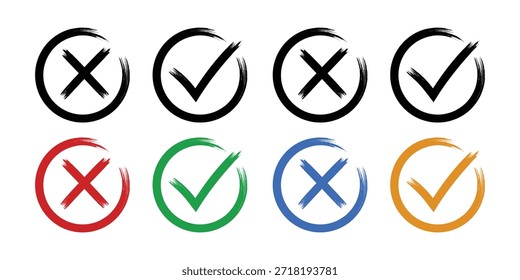 Grunge-Häkchen und Kreuz-Vektorsymbol-Set mit handgezeichneten Pinselstrichen in schwarz-grünem Rot und Blau für Feedback-Abstimmungen und Umfrageergebnisse.