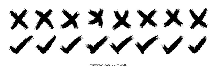 Grunge checkmark OK and X icons, tick and Cross sign elements. vector buttons for vote, election choice, check marks, approval signs design. X and OK symbol icons check boxes.