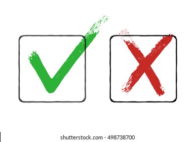 Grunge Checkmarks In Checkbox. Red And Green. Vector Clipart