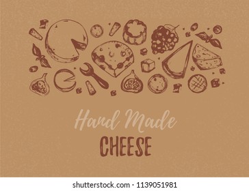 Grunge Cheese horizontal banner. Restaurant menu on crafted paper with different types mozzarella, gauda, maasdam, Feta . Rustic design. Vector illustration
