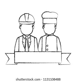 grunge chef hat and businessman helmet with ribbon