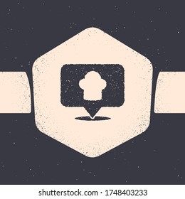 Grunge Chef hat with location icon isolated on grey background. Cooking symbol. Cooks hat. Monochrome vintage drawing. Vector