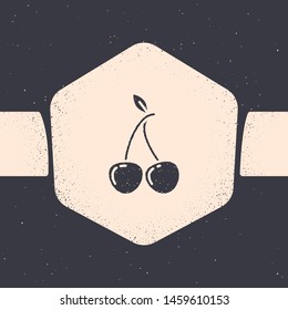 Grunge Cherry icon isolated on grey background. Fruit with leaf symbol. Monochrome vintage drawing. Vector Illustration