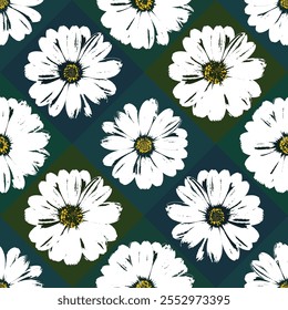 Grunge Schach florale Gänseblümchen nahtlose Muster karierten Hintergrund. Trendy Kamille Blumendruck Kratzer und Abrieb monochrome Textur