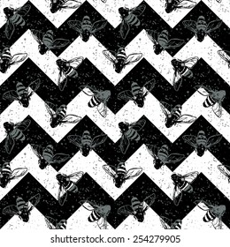Grunge chevron seamless pattern. Vintage design. Vector background with insects