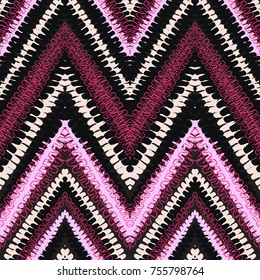 Grunge chevron vector pattern with abstract lines and stripes. Bold zigzag print with ethnic, tribal and retro motif in vintage boho chic style. Modern hand drawn doodle texture in pink colors