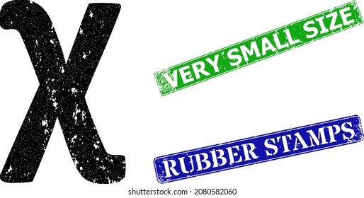 Grunge Chi Greek lowercase symbol icon and rectangular rubber Very Small Size seal stamp. Vector green Very Small Size and blue Rubber Stamps seals with scratched rubber texture,