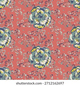 Grunge chinoiserie seamless pattern on pink background. Vintage ginger jar floral repeat design. Chinese style print print.