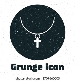 Grunge Christian cross on chain icon isolated on white background. Church cross. Monochrome vintage drawing. Vector Illustration