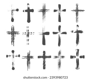 Grunge Christian crosses collection. Paintbrush monochrome Jesus crucifix cross symbols, ink brush silhouette faith crossing signs set isolated vector illustration