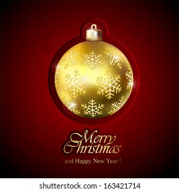 Grunge Christmas background and golden ball with snowflakes, illustration.