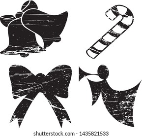 Grunge Christmas Elements Stamps Collection. Can be used as Banners, Insignias or Badges. Vector Distressed Textures Set. Blank Geometric Shapes. Vector Illustration. Black isolated on white. EPS10.