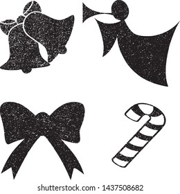 Grunge Christmas Elements Stamps Collection. Can be used as Banners, Insignias or Badges. Vector Distressed Textures Set. Blank Geometric Shapes. Vector Illustration. Black isolated on white. EPS10.
