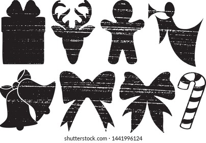 Grunge Christmas Elements Stamps Collection. Can be used as Banners, Insignias or Badges. Vector Distressed Textures Set. Blank Geometric Shapes. Vector Illustration. Black isolated on white. EPS10.
