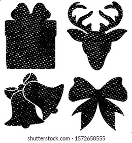 Grunge Christmas Elements Stamps Collection. Can be used as Banners, Insignias or Badges. Vector Distressed Textures Set. Blank Geometric Shapes. Vector Illustration. Black isolated on white. EPS10.