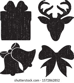 Grunge Christmas Elements Stamps Collection. Can be used as Banners, Insignias or Badges. Vector Distressed Textures Set. Blank Geometric Shapes. Vector Illustration. Black isolated on white. EPS10.