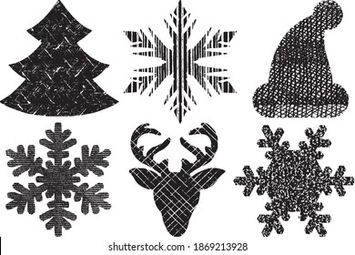 Grunge Christmas Elements Stamps Collection. Can be used as Banners, Insignias or Badges. Vector Distressed Textures Set. Blank Geometric Shapes. Vector Illustration. Black isolated on white. EPS10.