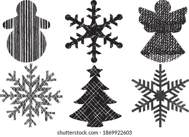 Grunge Christmas Elements Stamps Collection. Can be used as Banners, Insignias or Badges. Vector Distressed Textures Set. Blank Geometric Shapes. Vector Illustration. Black isolated on white. EPS10.