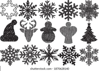 Grunge Christmas Elements Stamps Collection. Can be used as Banners, Insignias or Badges. Vector Distressed Textures Set. Blank Geometric Shapes. Vector Illustration. Black isolated on white. EPS10.