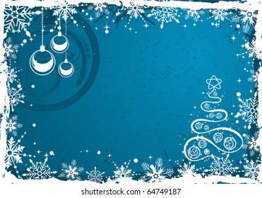 Grunge Christmas frame with tree and bauble, vector illustration
