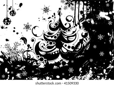 Grunge Christmas frame with Tree and baubles, element for design, vector illustration