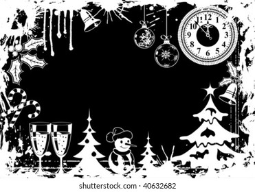 Grunge Christmas frame with Tree, Snowman and decoration element, vector illustration
