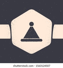 Grunge Christmas Santa Claus hat icon isolated on grey background. Merry Christmas and Happy New Year. Monochrome vintage drawing. Vector Illustration