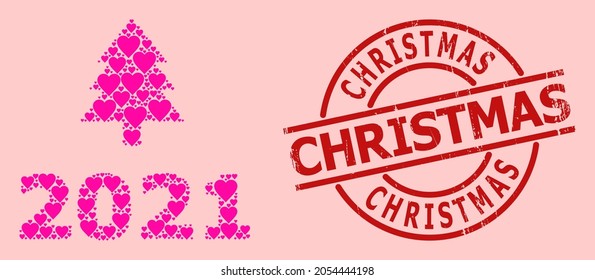 Grunge Christmas stamp seal, and pink love heart collage for 2021 fir tree. Red round stamp seal contains Christmas caption inside circle. 2021 fir tree collage is designed from pink valentine items.