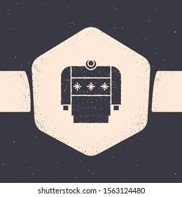 Grunge Christmas sweater with norwegian ornaments and holidays decorations icon isolated on grey background. Knitted winter jumper. Monochrome vintage drawing. Vector Illustration