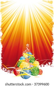 Grunge Christmas tree with red gold rays and ribbons
