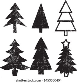 Grunge Christmas Trees Stamps Collection. Can be used as Banners, Insignias or Badges. Vector Distressed Textures Set. Blank Geometric Shapes. Vector Illustration. Black isolated on white. EPS10.