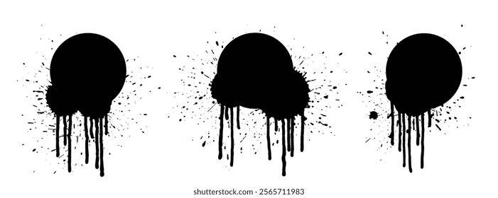 Grunge circle backgrounds set with paint drops. Paint drip. Splatter round frames set. Grunge stains. Ink splash. Round grunge backdrops. Liquid dripping collection.