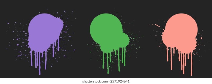 Grunge circle backgrounds set with paint drops. Paint drip. Splatter round frames set. Grunge stains. Ink splash. Round grunge backdrops. Liquid dripping collection.