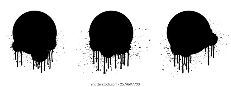 Grunge circle backgrounds set with paint drops. Paint drip. Splatter round frames set. Grunge stains. Ink splash. Round grunge backdrops. Liquid dripping collection.